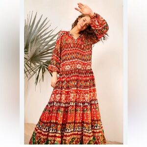 FARM Rio Red and Gold Tiered Maxi Dress with Bishop Sleeves